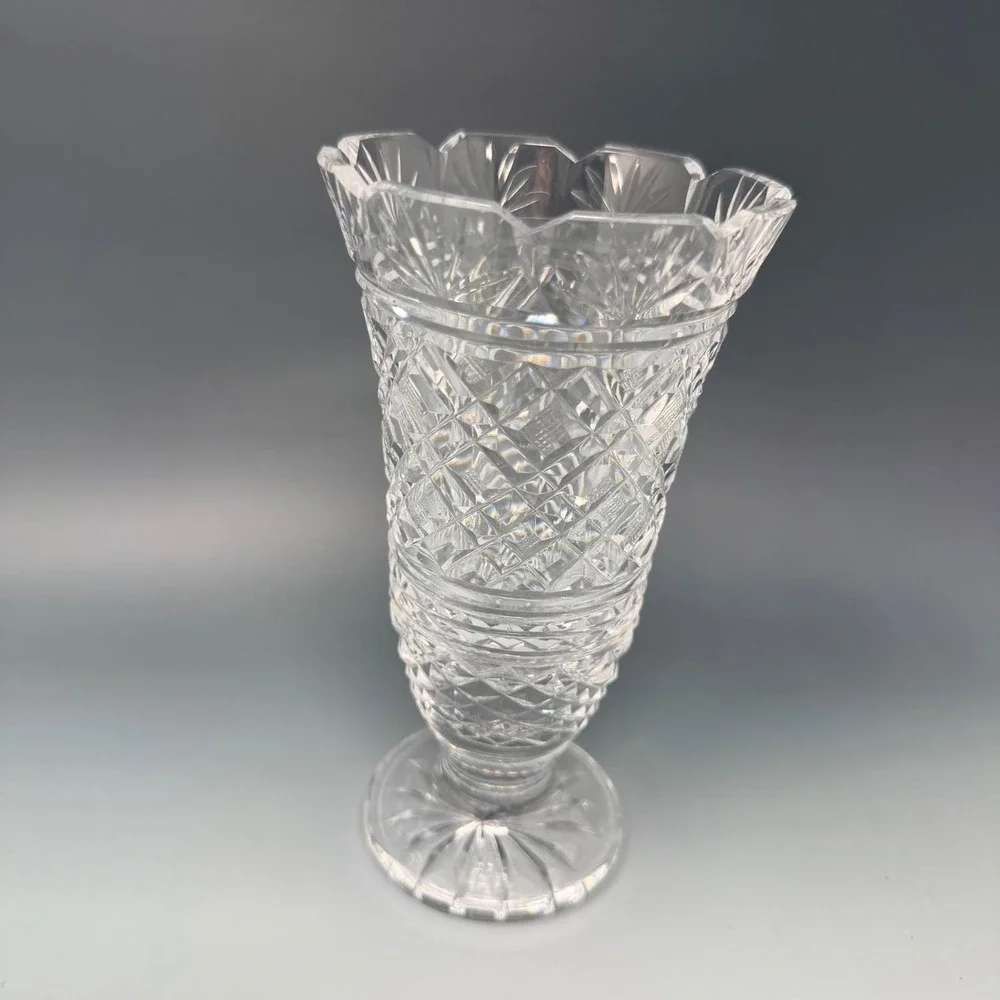 Vintage Cut Crystal Footed Vase Clear Glass Diamond Pattern Scalloped Rim 8 Inch